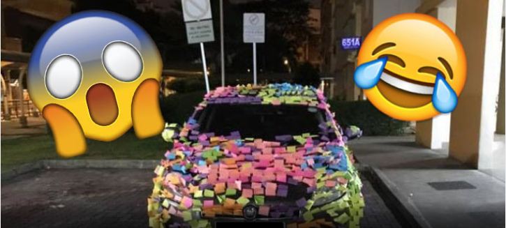 Parkir sembarangan, mobil ini ditempeli sticky note warna-warni