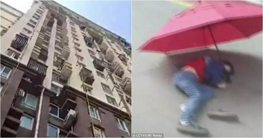Tiru adegan film kartun, bocah ini terjun dari lantai 10 pakai payung