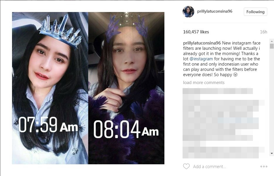 Klaim yang pertama coba fitur baru Instagram, Prilly tuai kontroversi