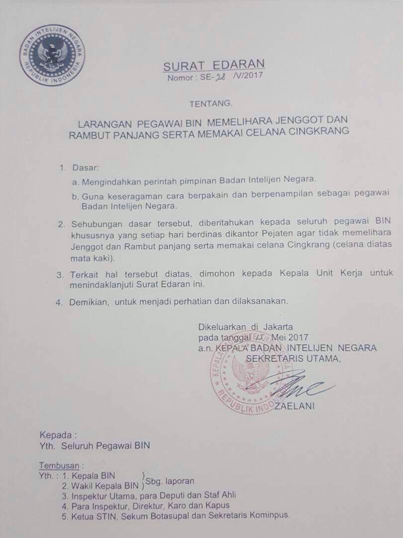 Edaran larangan pegawai berjenggot beredar, ini konfirmasi BIN