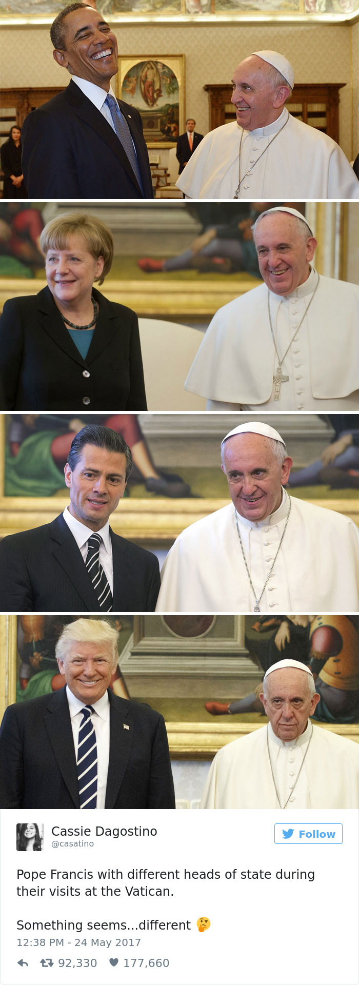 15 Meme mimik muka Paus Francis saat bertemu Donald Trump, kocak