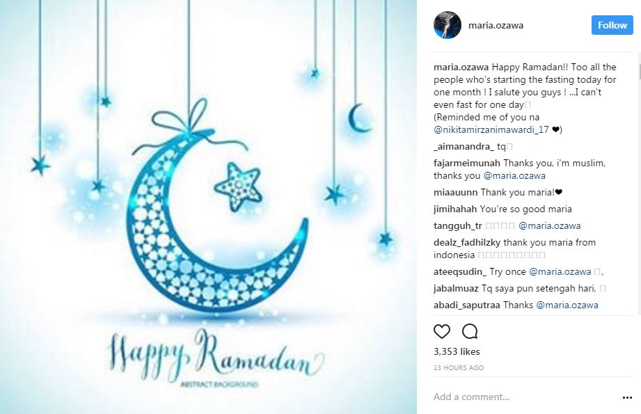Masuki Ramadan, begini ucapan selamat Maria Ozawa untuk umat muslim