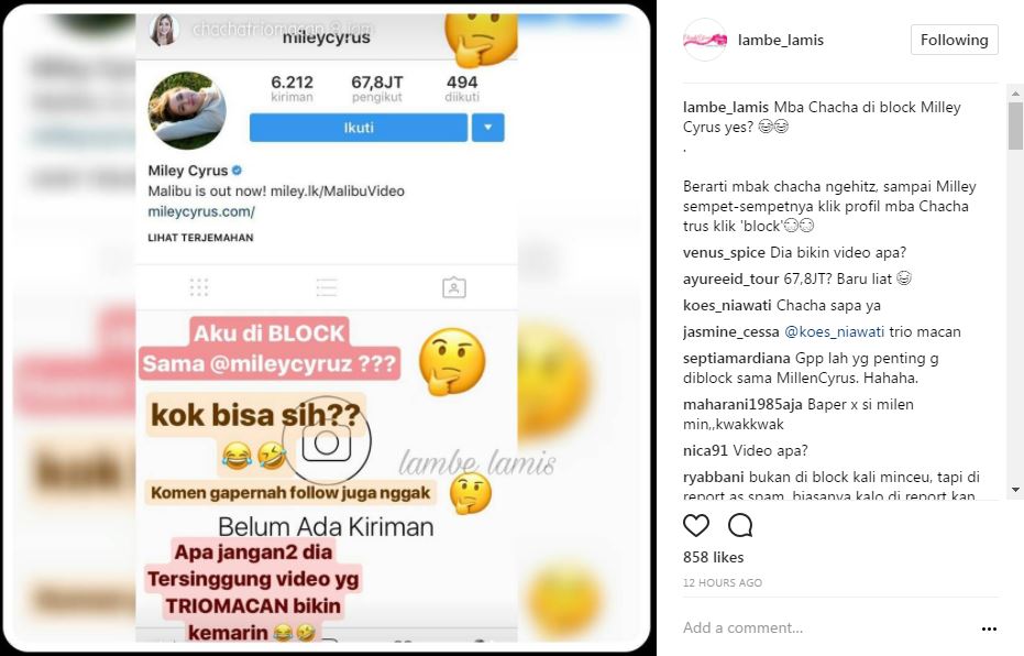 Akun IG Chacha 'Trio Macan' diblock Miley Cyrus, wah kenapa ya?