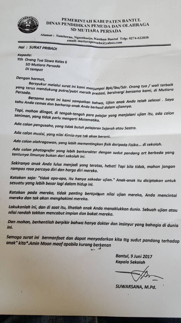 Surat Kepala Sekolah di Bantul untuk orangtua siswa ini inspiratif