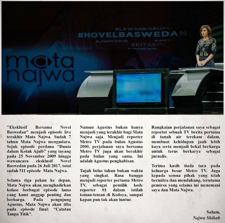 Mata Najwa berhenti tayang, Najwa Shihab mundur dari Metro TV
