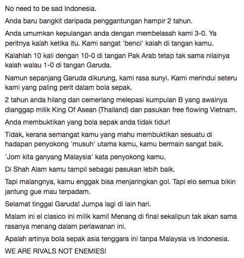Pesan ‘Indonesia Tak Perlu Sedih’ dari Malaysia ini viral