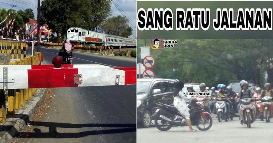 13 Aksi emak-emak nekat, lawan arus sampai lewati jalan beton basah