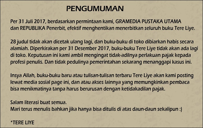 Tere Liye ingin karyanya tak lagi dijual di toko buku, ini alasannya