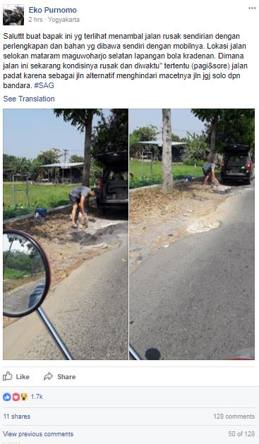 Bapak ini tambal sendiri jalanan di Yogyakarta, bikin salut