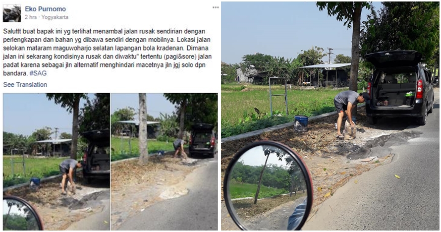 Bapak ini tambal sendiri jalanan di Yogyakarta, bikin salut