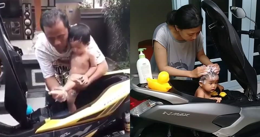Kelakuan 3 ortu manfaatin bagasi motor jadi 'bak mandi' bikin ngakak