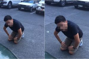 Diselingkuhi, wanita ini hukum kekasihnya berlutut di depan mal