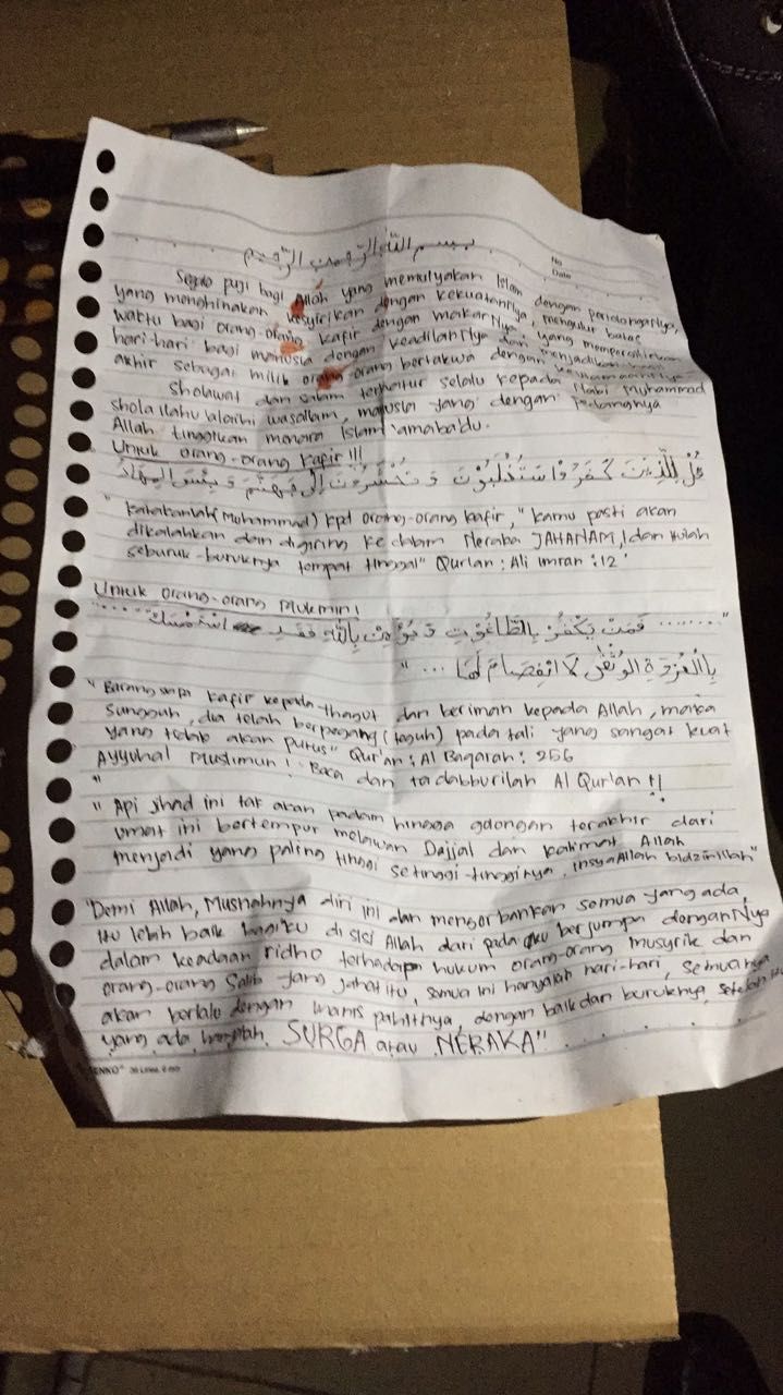 Penyerang Polres Dharmasraya Sumbar tulis surat pesan jihad