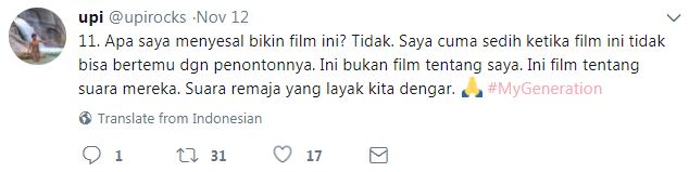 Kecewa dengan sensor film My Generation, ini kicauan Upi Avianto