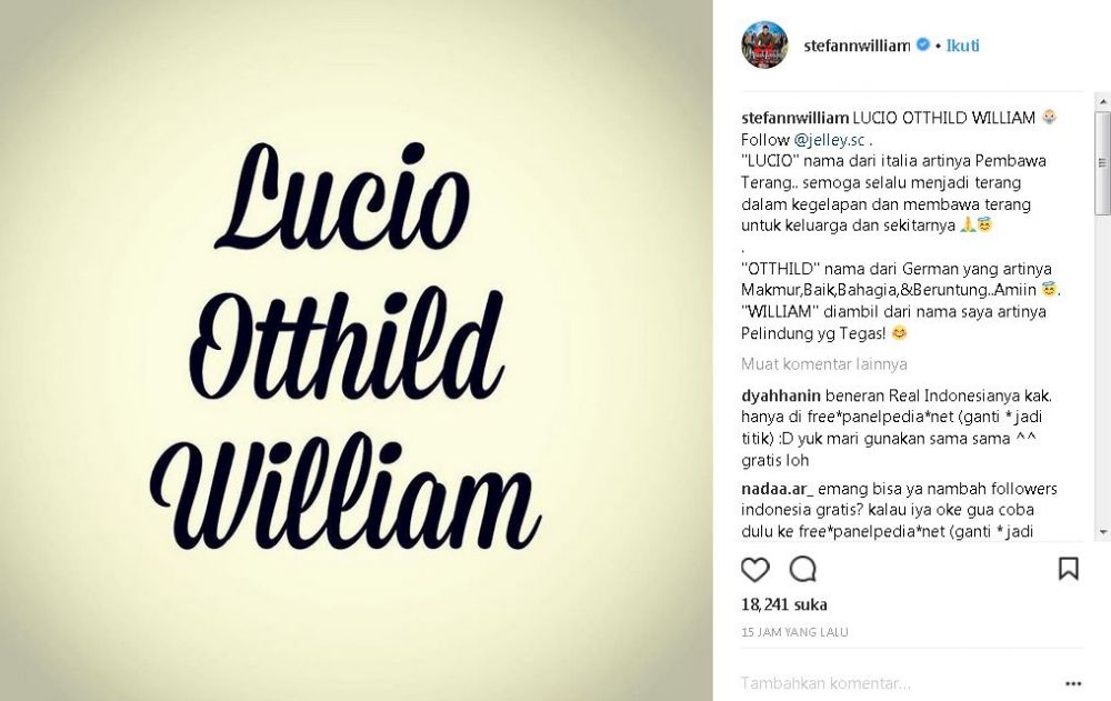 Stefan William & Celine umumkan nama anak, maknanya sangat mendalam