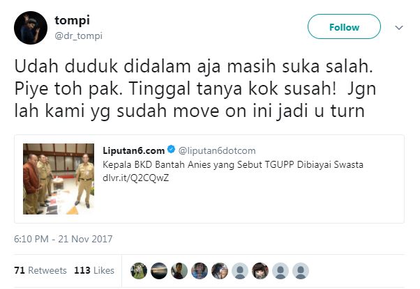 6 Cuitan kritis Tompi terhadap pemerintahan Anies-Sandi
