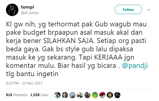 6 Cuitan kritis Tompi terhadap pemerintahan Anies-Sandi