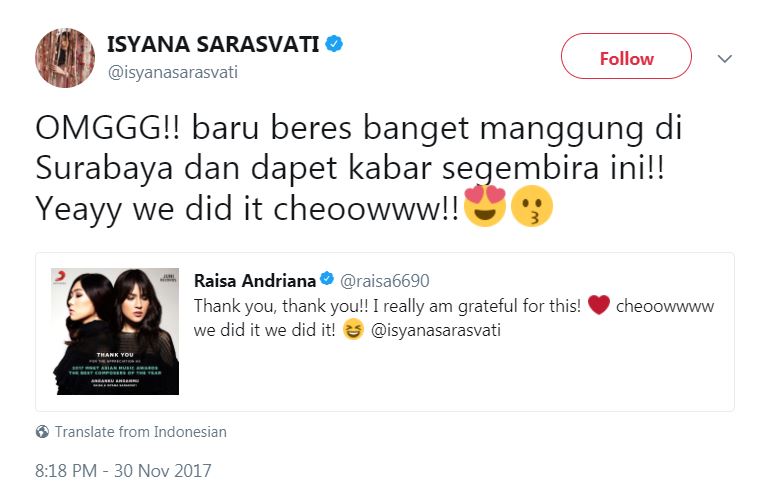 Tak cuma Agnez Mo, Raisa dan Isyana juga menang di ajang MAMA 2017