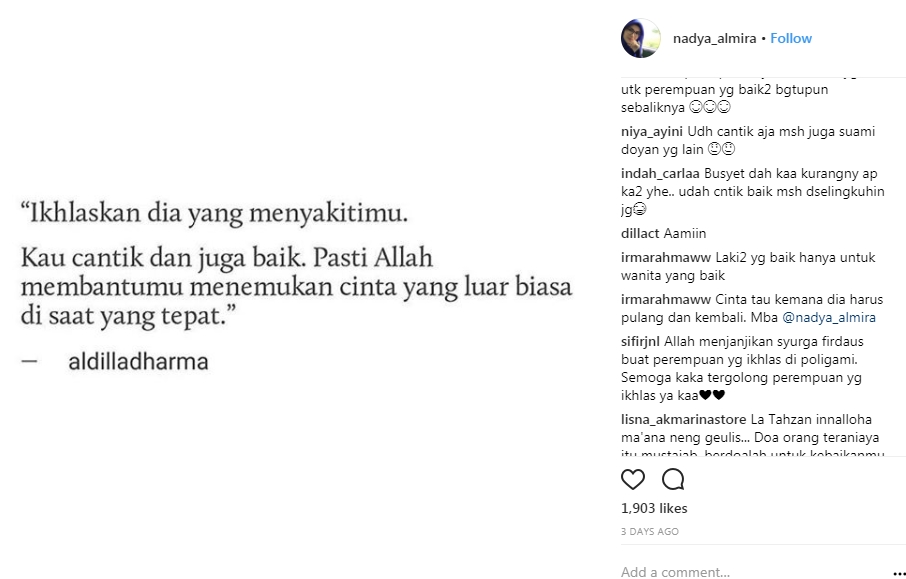 5 Postingan curhat Nadya Almira yang ditinggal nikah suaminya