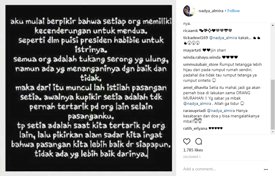 5 Postingan curhat Nadya Almira yang ditinggal nikah suaminya