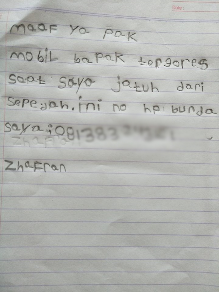 Viral, anak 6 tahun tulis memo ke pemilik mobil yang tergores sepeda