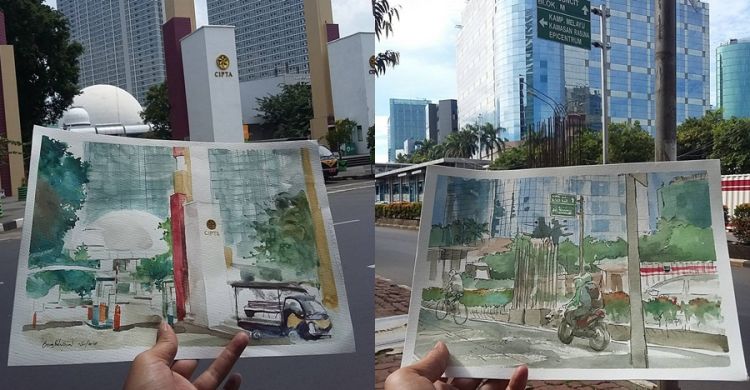 10 Sketsa Indah Pemandangan Kota Jakarta Mirip Banget Sama