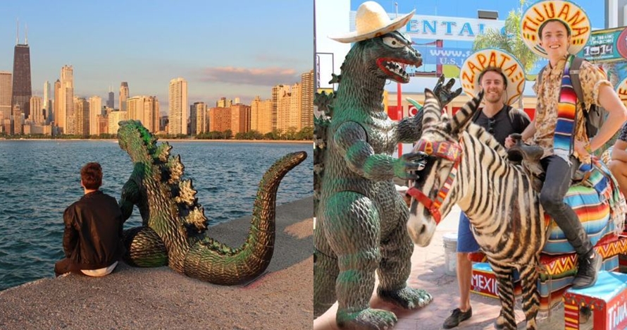 10 Editan foto uniknya keliling dunia bareng Godzilla, kreatif banget