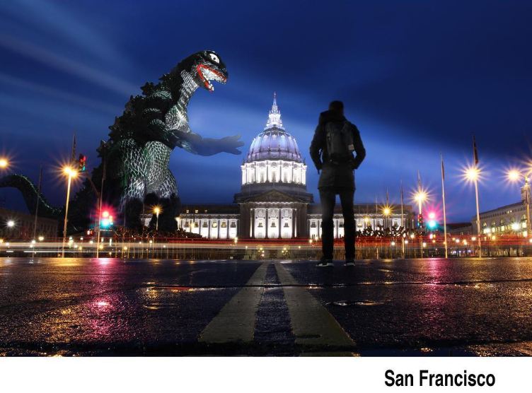 10 Editan foto uniknya keliling dunia bareng Godzilla, kreatif banget