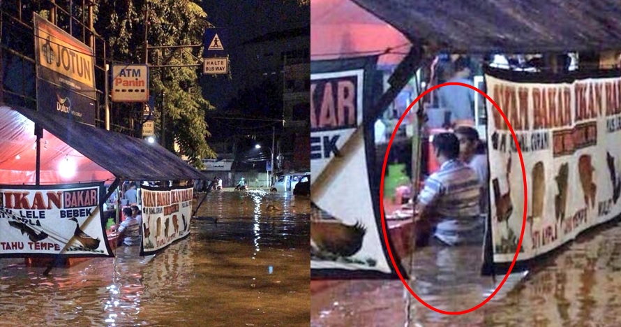 Potret orang makan dengan tenang di tengah banjir ini tuai kontroversi