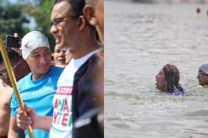 6 Aksi Bu Susi dan Sandiaga Uno di Danau Sunter, ngopi & renang bareng