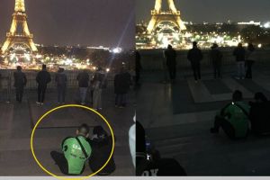 Viral, pria berjaket ojek online nongkrong di dekat Menara Eiffel