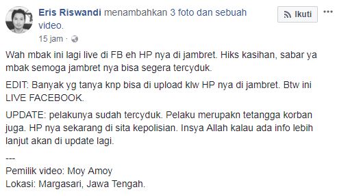Apes banget, HP cewek ini dijambret saat lagi siaran live di Facebook