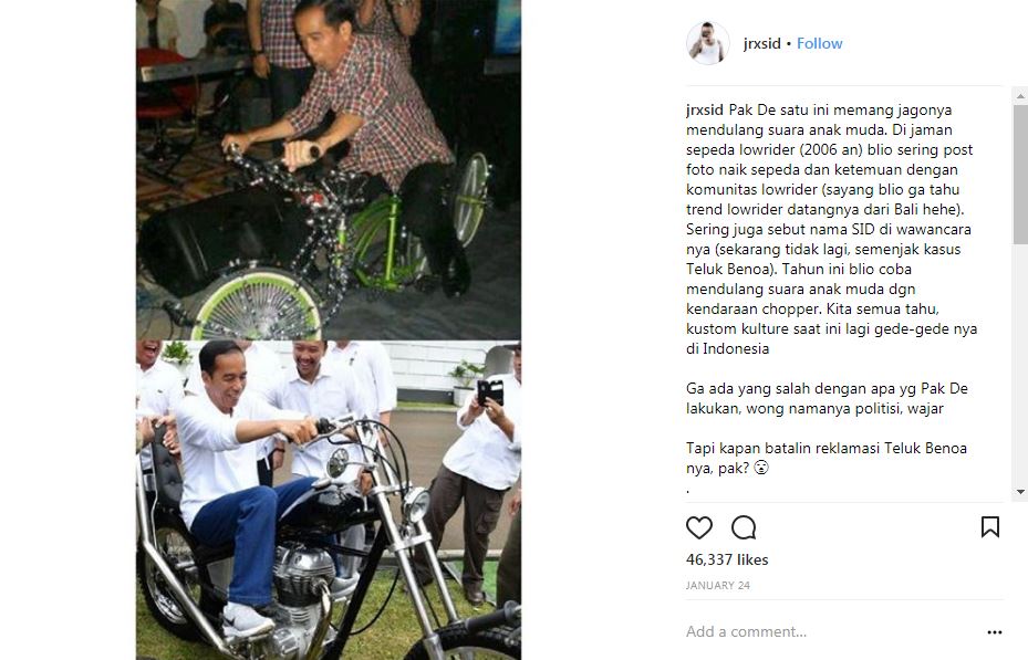 Kritik reklamasi Teluk Benoa, Jerinx SID posting meme bonceng Jokowi