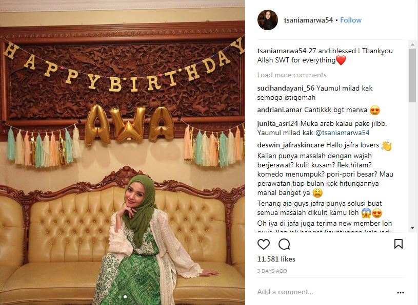 Tsania Marwa rayakan ulang tahun ke-27 dengan berhijab, semakin anggun