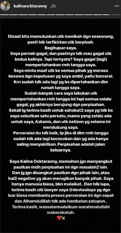 Kembali cerai untuk kedua kalinya, begini curhatan Kalina Ocktaranny
