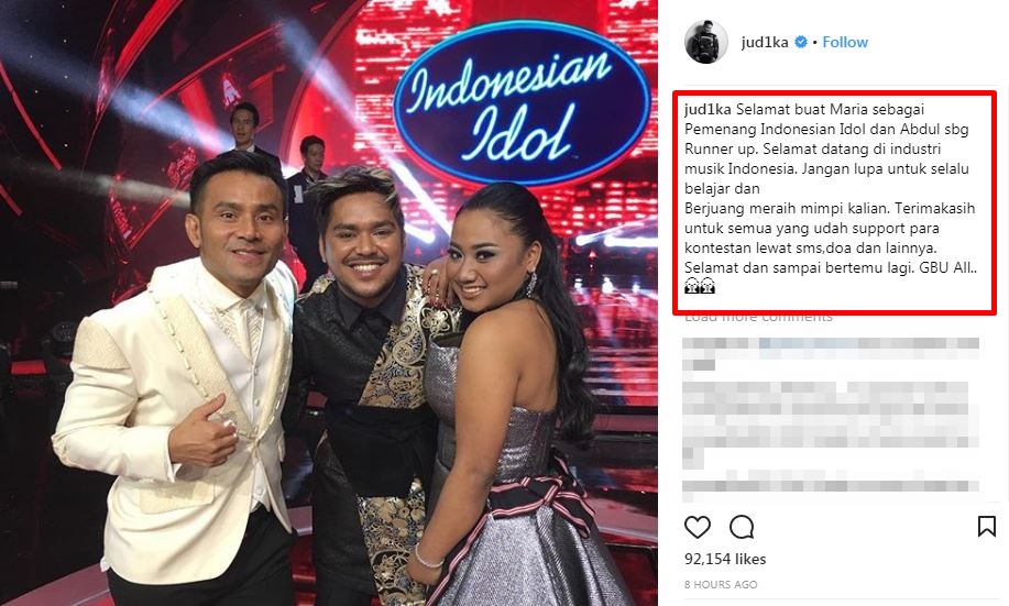 Indonesian Idol 2018 usai, ini pesan para juri pada Maria dan Abdul