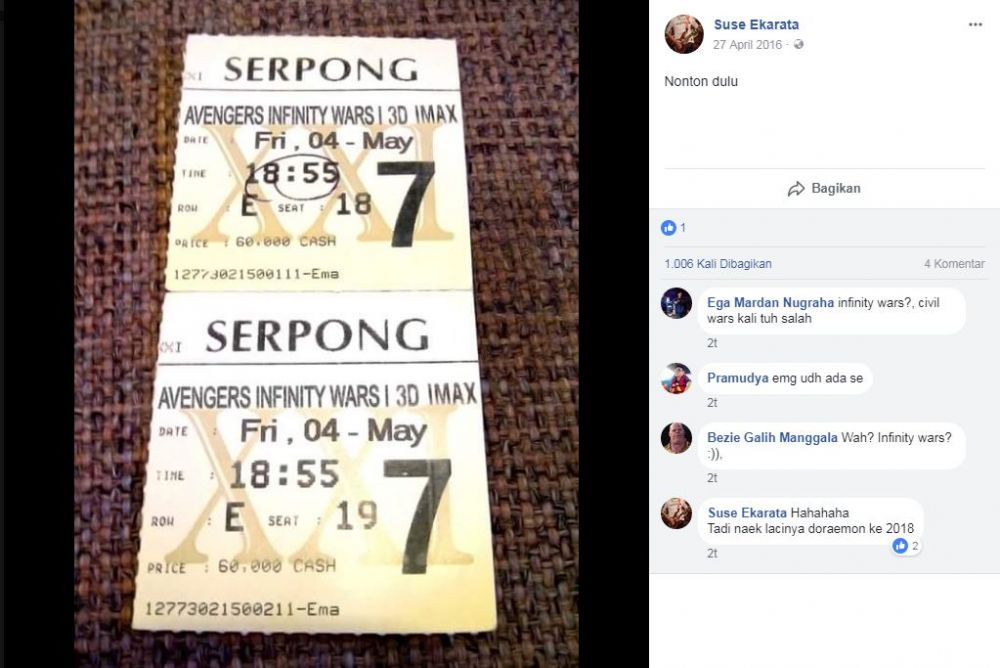 Heboh tiket Avengers: Infinity War dari tahun 2016