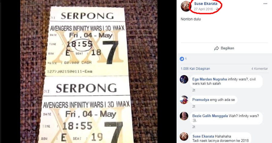 Heboh tiket Avengers: Infinity War dari tahun 2016