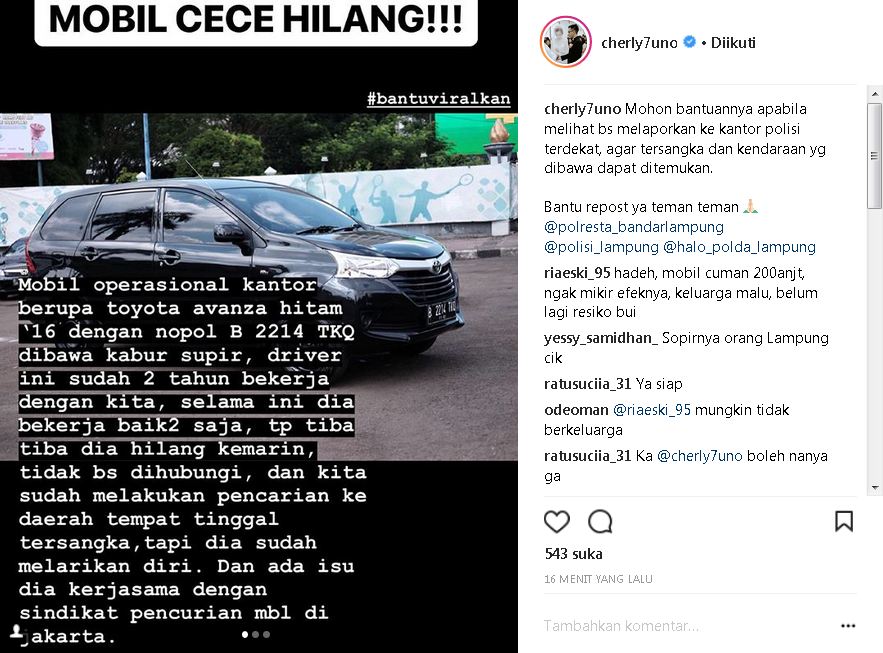 2 Tahun kerja bareng, sopir Cherly eks Cherybelle bawa kabur mobil