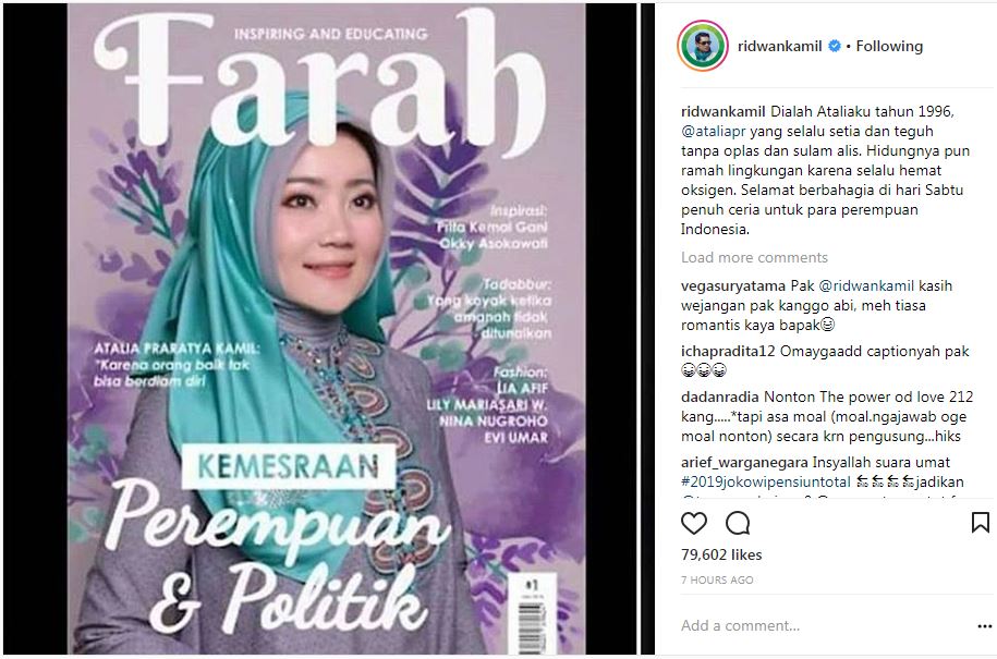 Puji kecantikan istri, caption Ridwan Kamil ini justru bikin ngakak