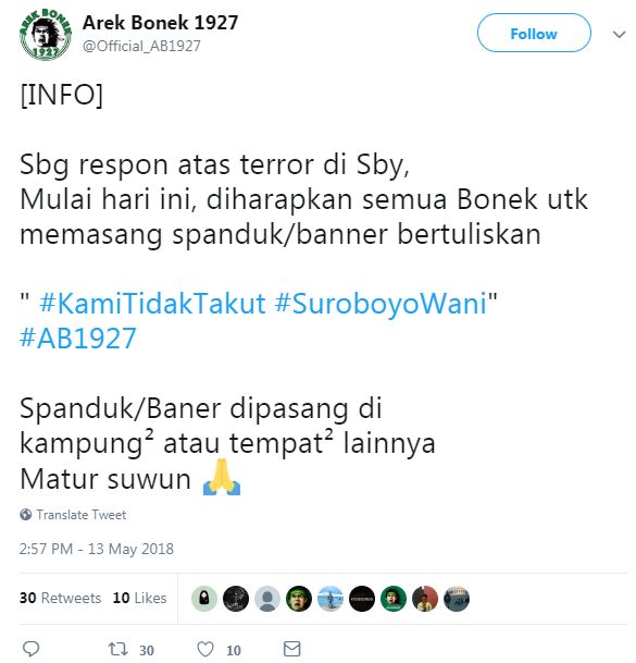 9 Reaksi suporter Bonek mengutuk keras teror bom di Surabaya