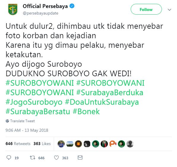 9 Reaksi suporter Bonek mengutuk keras teror bom di Surabaya