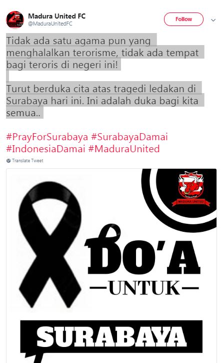 Turut berduka, ini dukungan 6 klub sepak bola ke korban bom Surabaya