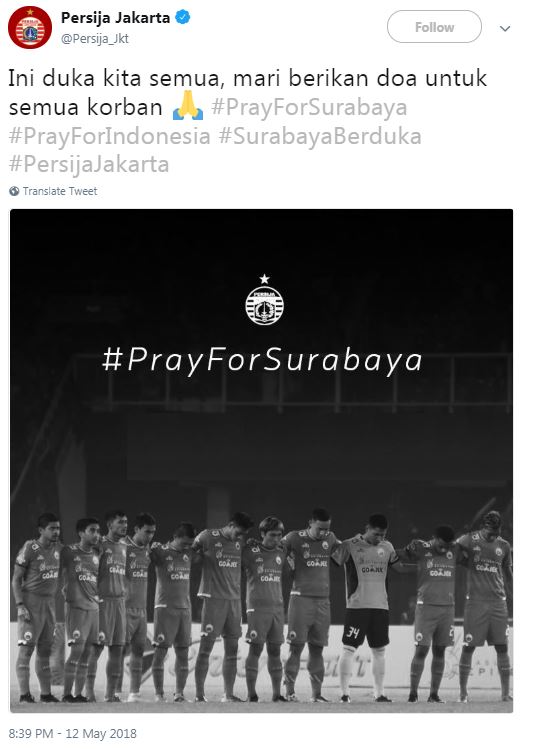 Turut berduka, ini dukungan 6 klub sepak bola ke korban bom Surabaya