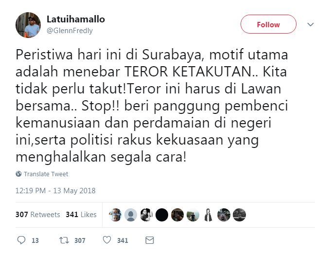 Cuitan duka 7 seleb atas pengeboman di Surabaya
