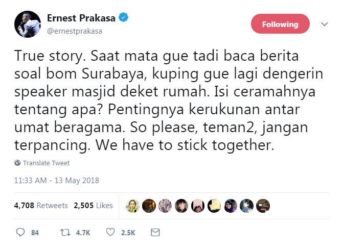 Cuitan duka 7 seleb atas pengeboman di Surabaya