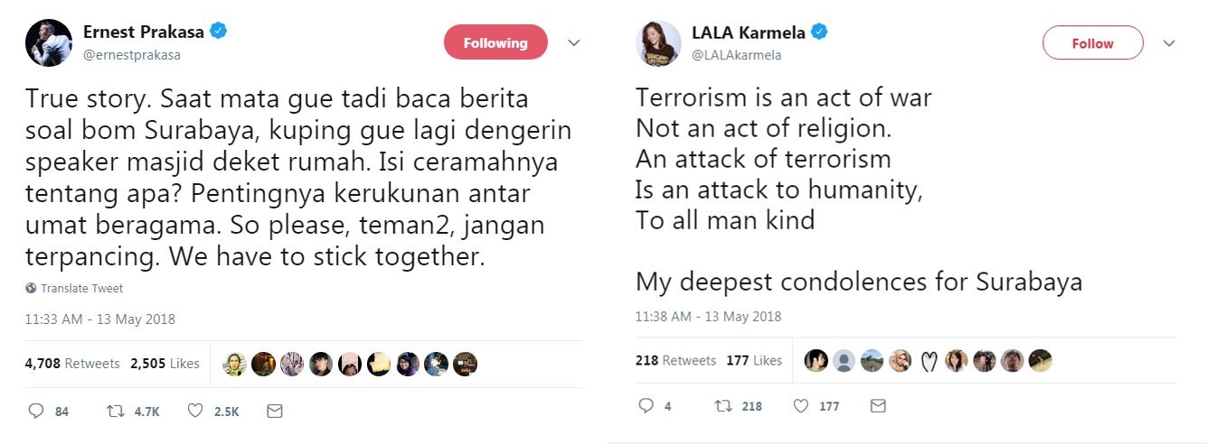Cuitan duka 7 seleb atas pengeboman di Surabaya
