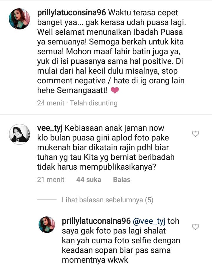 Dicibir unggah foto pakai mukena, begini balasan Prilly Latuconsina