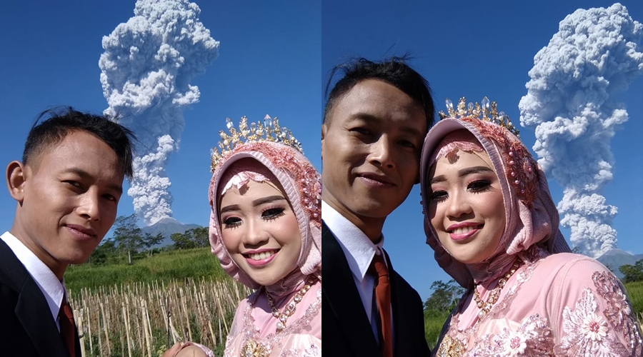 Potret langka, pasangan ini prewed dengan latar Gunung Merapi erupsi