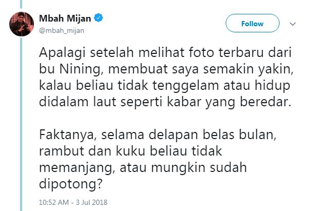Kata Mbah Mijan soal Nining yang kembali usai hilang 1,5 tahun di laut